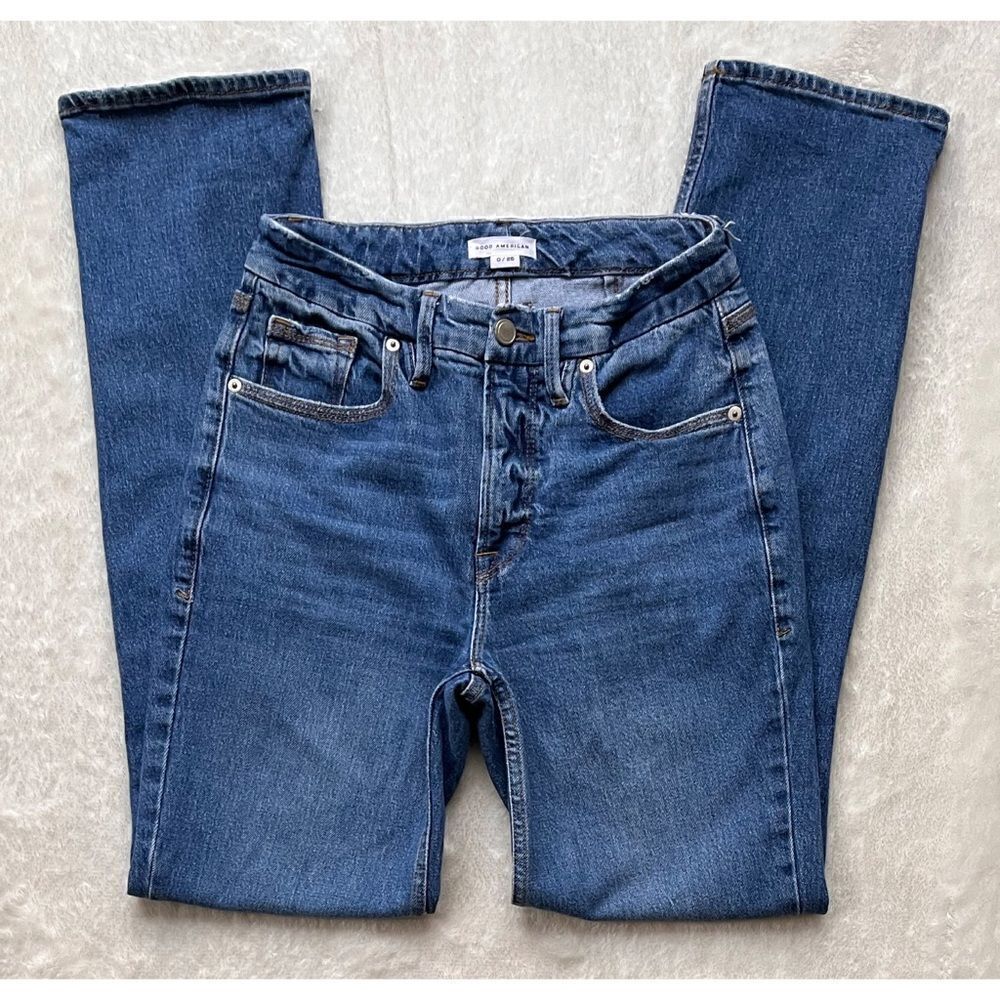 Good American Good 90s Icon Ripped Straight Leg High Rise Stretch Denim Jeans - Picture 9 of 16